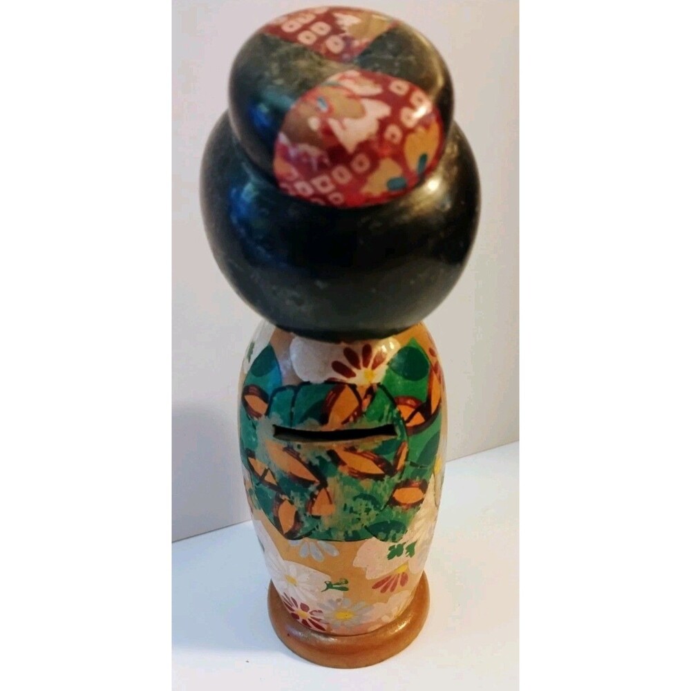 Vintage Japanese Kokeshi Bobblehead Doll Bank 8" Wood Painted Kimono Nodder - Picture 4 of 7